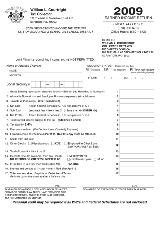Scranton Earned Income Tax Return Form - Scranton - Pennsylvania - 2009 Printable pdf