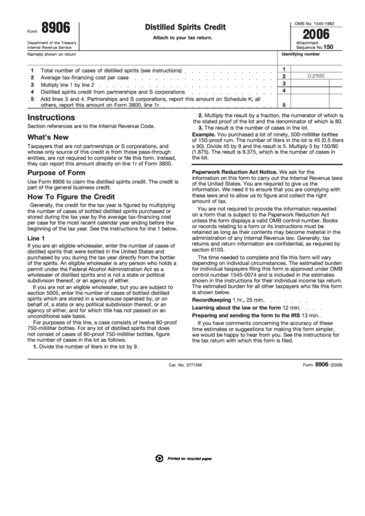 Fillable Form 8906 - Distilled Spirits Credit - Internal Revenue Service - 2006 Printable pdf
