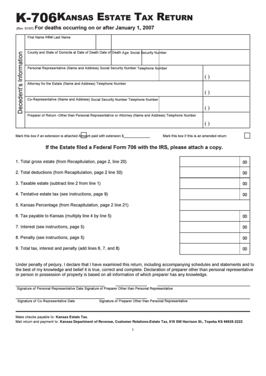 Form K-706 - Kansas Estate Tax Return - Kansas Deparetment Of Revenue - Kansas Printable pdf