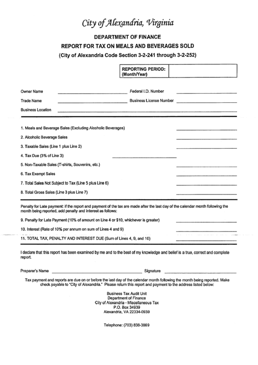 Report For Tax On Meals And Beverages Sold Form - Department Of Finance - Alexandria - Virginia Printable pdf