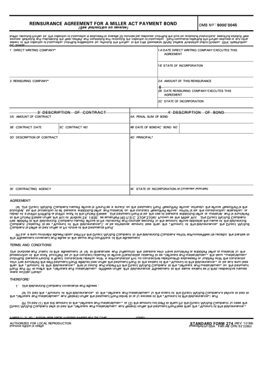 Form 9000-0045 - Reinsurance Agreement For A Miller Act Payment Bond Printable pdf