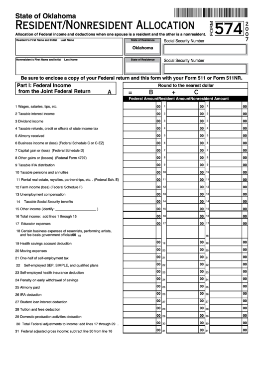 Fillable Form 574 - Resident/nonresident Allocation - 2007 Printable pdf