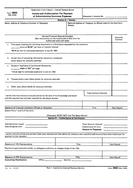 Form 6863 - Invoice And Authorization For Payment Of Administrative Summons Expenses August 1983 Printable pdf