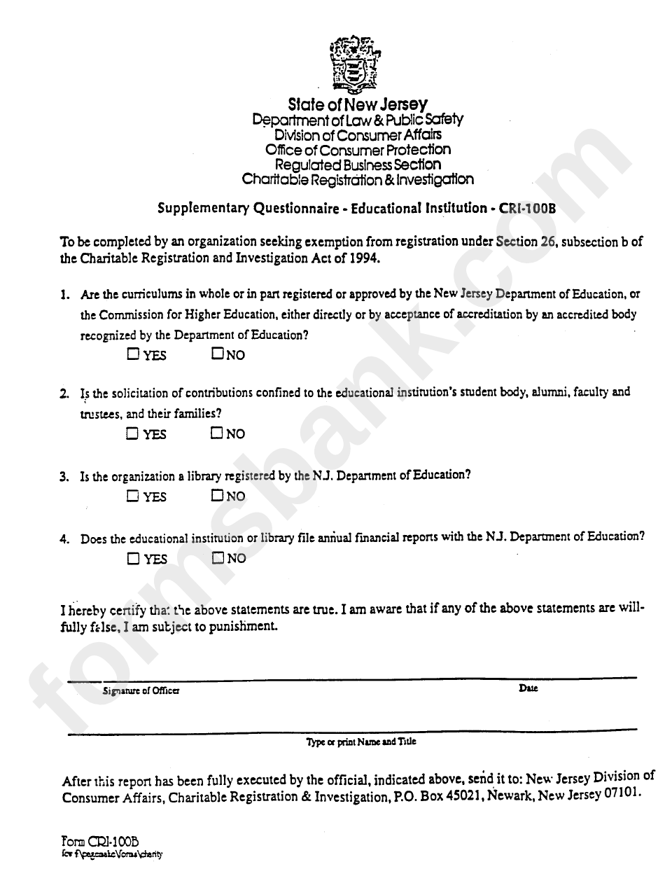 Form Cri-100b - Supplementary Questionnaire - Educational Institution