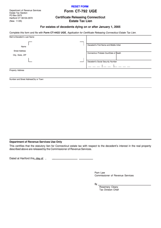 Fillable Form Ct-792 Uge - Certificate Releasing Connecticut Estate Tax Lien November 2005 Printable pdf