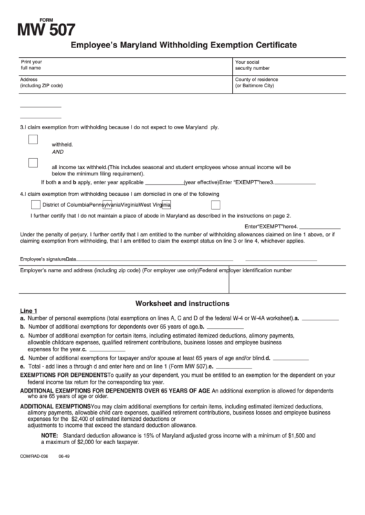 Fillable Form Mw507 Employee'S Maryland Withholding Exemption