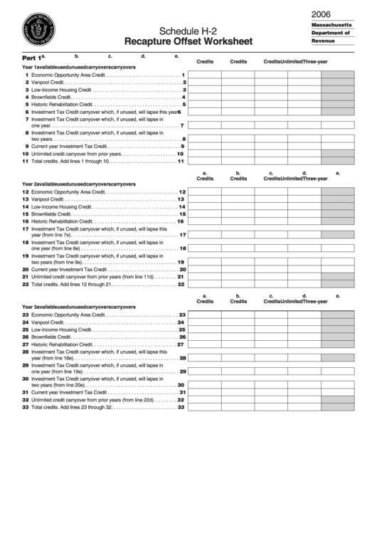 Schedule H-2 - Recapture Offset Worksheet Form - Department Of Revenue - Massachusetts Printable pdf