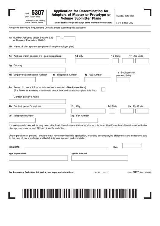 Fillable Form 5307 - Application For Determination For Adopters Of Master Or Prototype Or Volume Submitter Plans Form - Internal Revenue Service Printable pdf