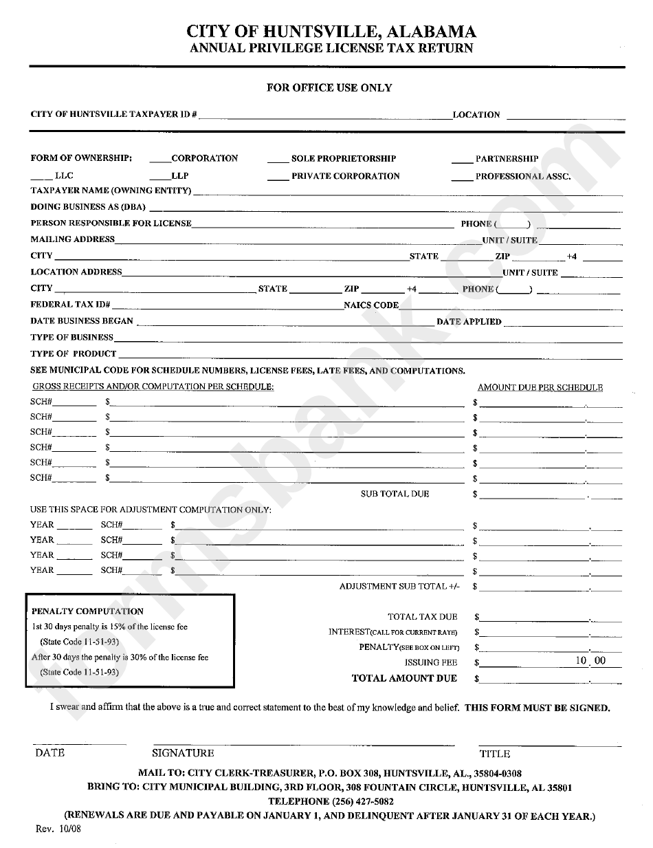 Annual Privilege License Tax Return Form - Huntsville - Alabama