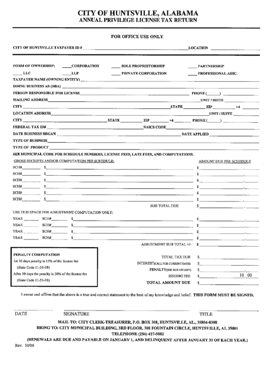 Fillable Annual Privilege License Tax Return Form - Huntsville - Alabama Printable pdf
