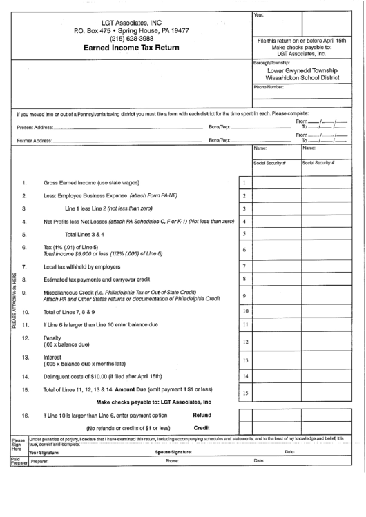 Earned Income Tax Return Form - Spring House - Pennsylvania Printable pdf