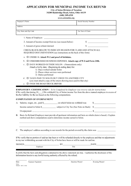 Form Txref - Application For Municipal Income Tax Refund October 2004 Printable pdf