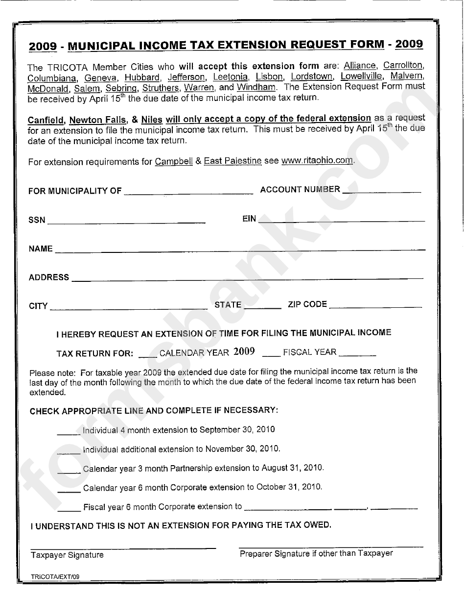 Municipal Income Tax Extension Request Form - 2009