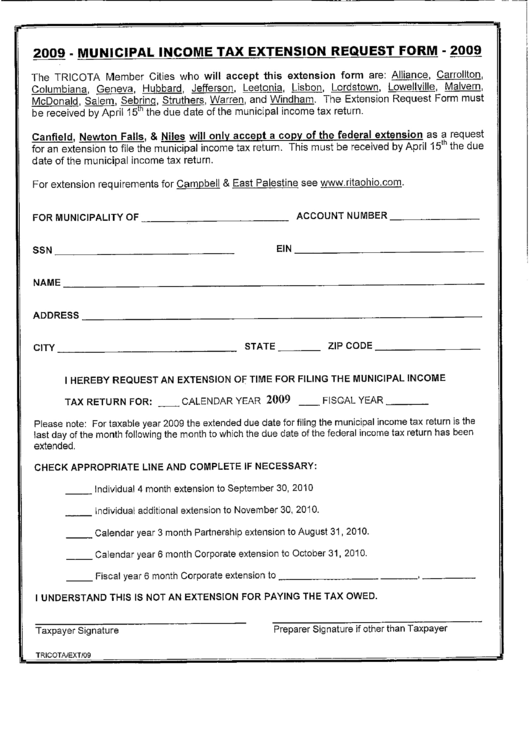 Municipal Income Tax Extension Request Form - 2009 Printable pdf