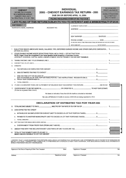 Form Ir - Individual Cheviot Earnings Tax Return 2005 Printable pdf