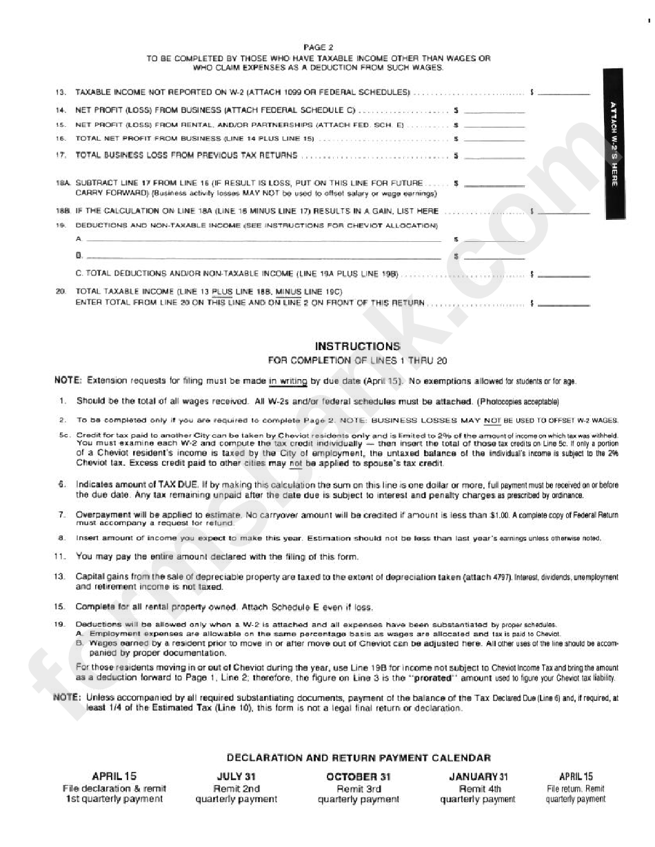 Form Ir - Individual Cheviot Earnings Tax Return 2005