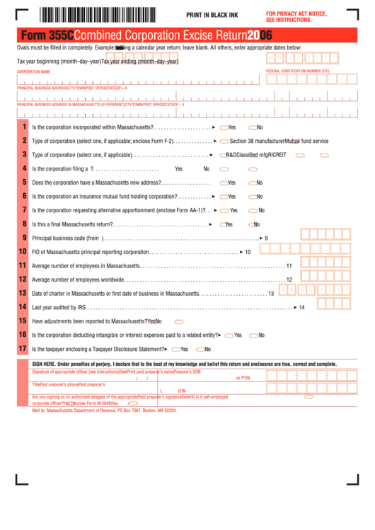 Form 355c - Combined Corporation Excise Return Form - Massachusetts Printable pdf