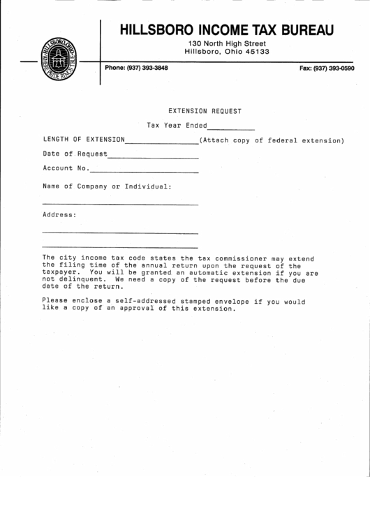 Extension Request Form - Hillsboro Income Tax Bureau Printable pdf