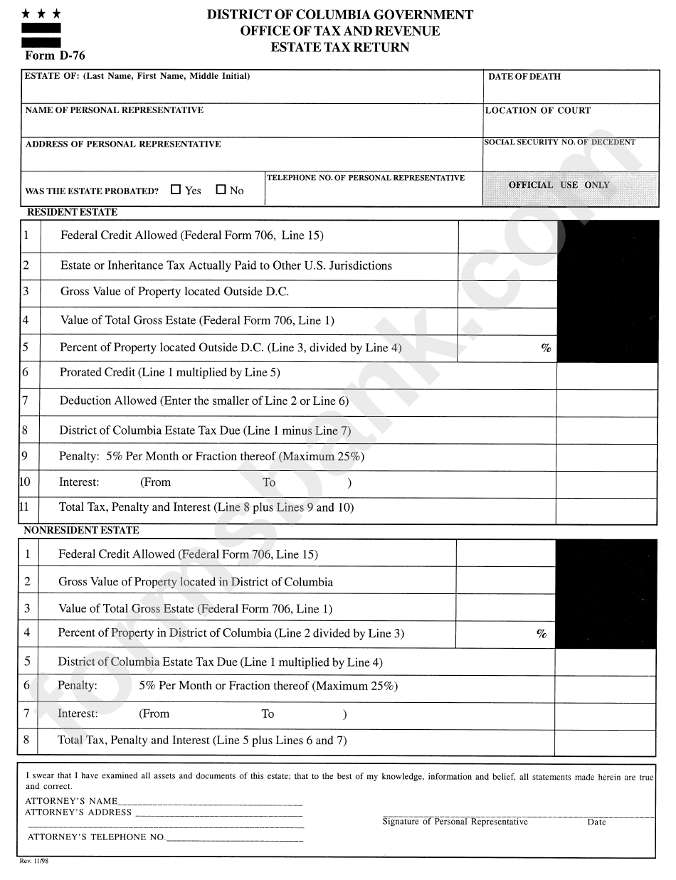 Form D-76 - District Of Columbis Government Office Of Tax And Revenue Estate Tax Return