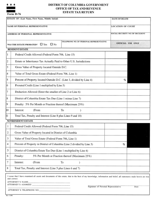 Form D-76 - District Of Columbis Government Office Of Tax And Revenue Estate Tax Return Printable pdf