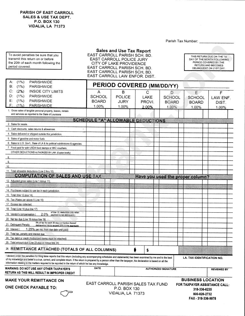 Sales And Use Tax Report Form - Parish Of East Carroll - Louisiana