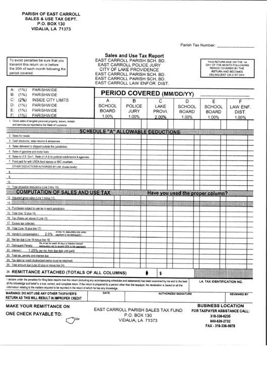 Sales And Use Tax Report Form - Parish Of East Carroll - Louisiana Printable pdf
