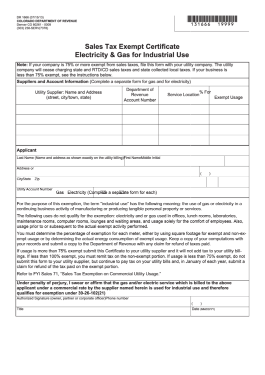 Fillable Form Dr 1666 - Sales Tax Exempt Certificate Electricity & Gas For Industrial Use Printable pdf