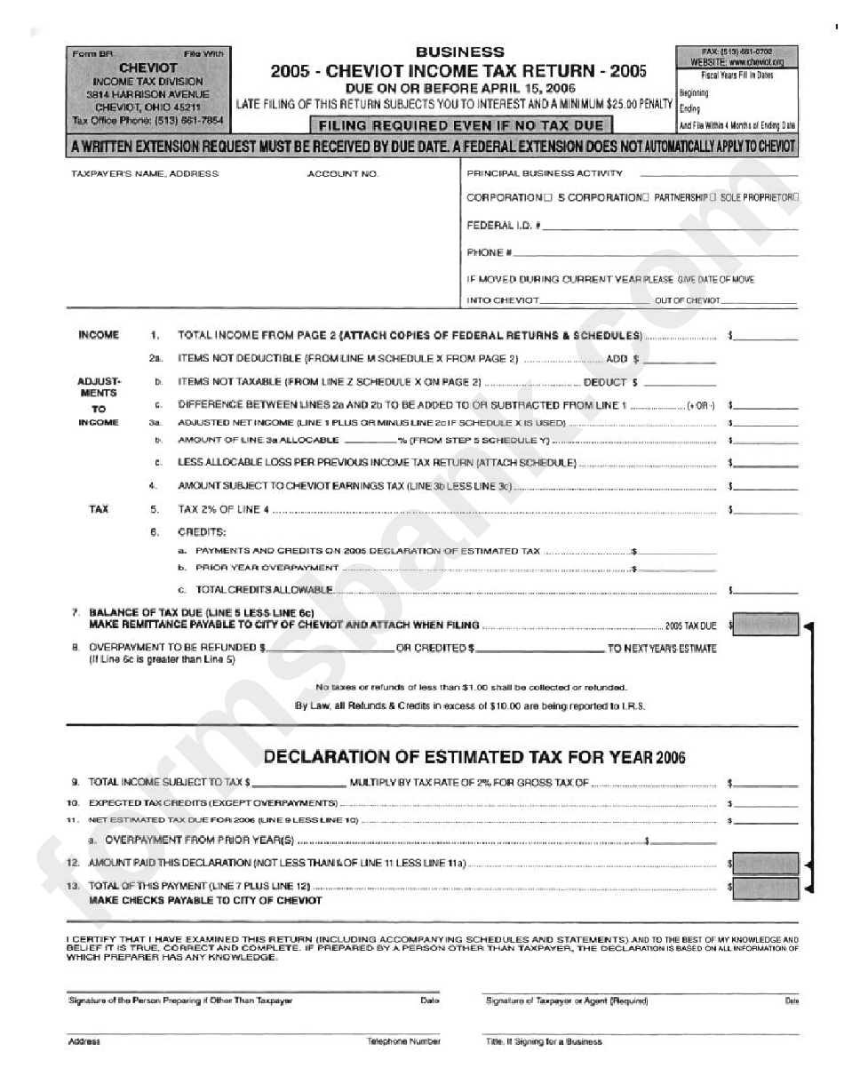 Form Br - Business Cheviot Income Tax Return 2005