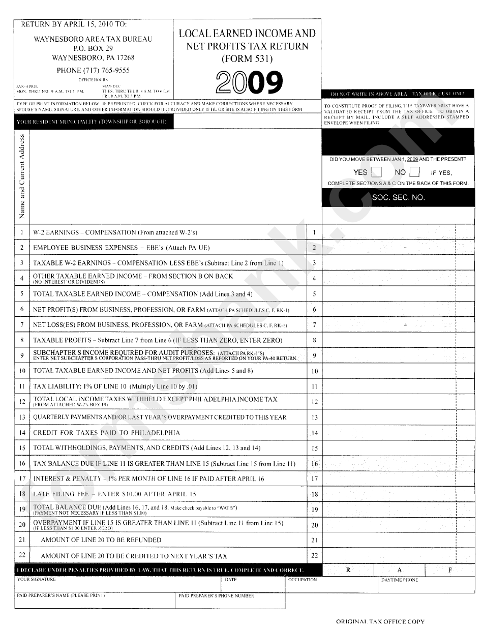 Form 531 - Local Earned Income And Net Profits Tax Return Form - Waynesboro Area Tax Bureau - Pennsylvania