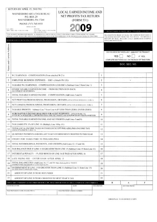 Form 531 - Local Earned Income And Net Profits Tax Return Form - Waynesboro Area Tax Bureau - Pennsylvania Printable pdf