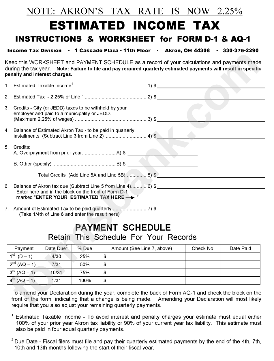 Estimated Income Tax Instructions & Worksheet For Form D-1, Aq-1 - Akron - Ohio