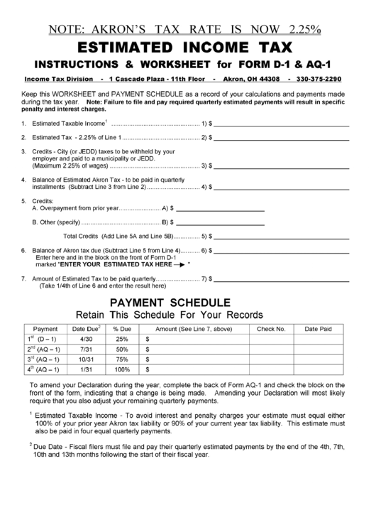 Estimated Tax Instructions & Worksheet For Form D1, Aq1