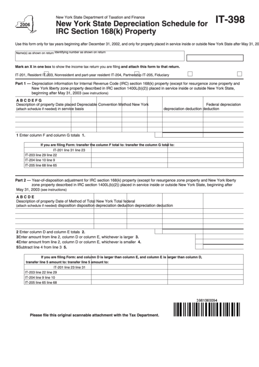 Fillable Form It-398 - New York State Depreciation Schedule For Irc Section 168(K) Property - New York State Department Of Taxation And Finance - New York Printable pdf
