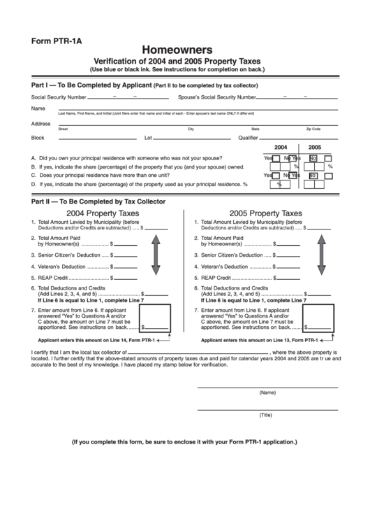 Form Ptr-1a - Homeowners - Verification Of 2004 And 2005 Property Taxes Printable pdf