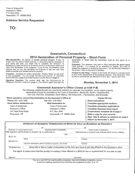 Declaration Of Personal Property - Short Form - 2014 Printable pdf