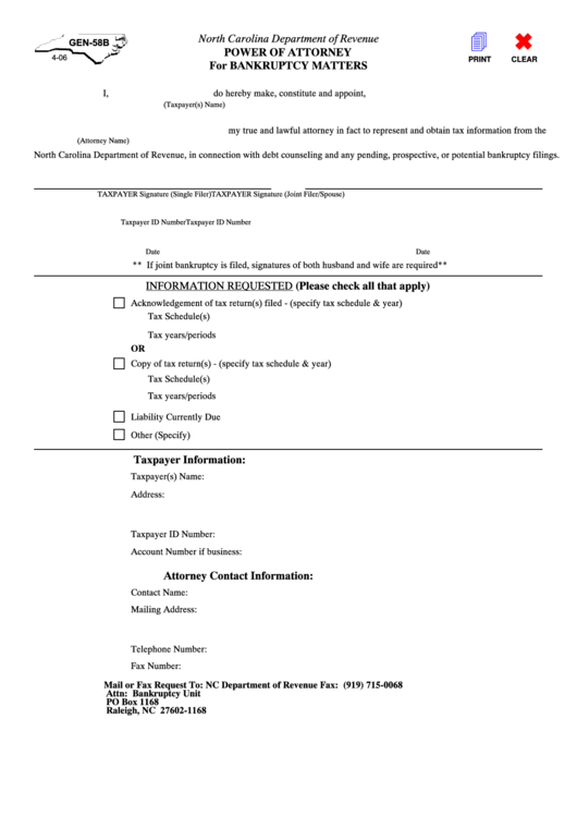 Fillable Form Gen-58b - Power Of Attorney For Bankruptcy Matters - Department Of Revenue - North Carolina Printable pdf