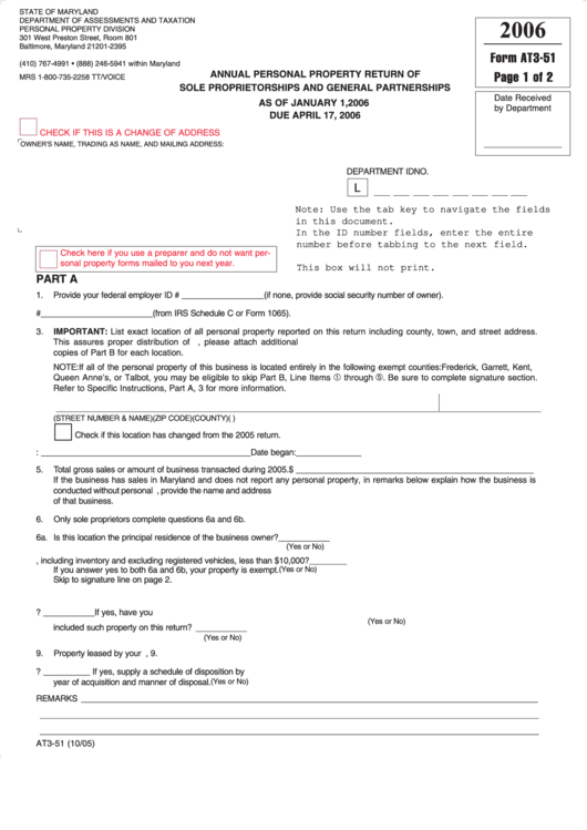 Fillable Form At3-51 - Annual Personal Property Return Of Sole Proprietorships And General Partnerships - 2006 Printable pdf