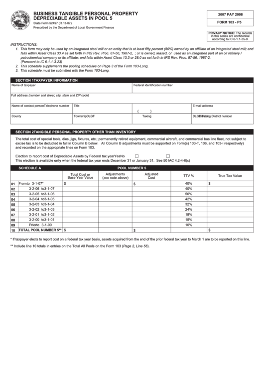 Form 103-P5 - Business Tangible Personal Property Depreciable Assets In Pool 5 Form - Indiana Printable pdf