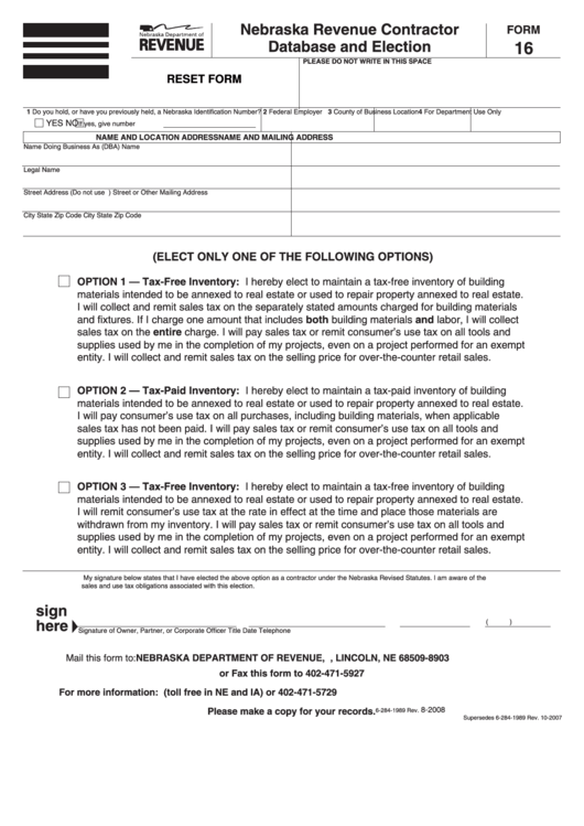 Form 16 - Nebraska Revenue Contractor Database And Election - Nebraska Department Of Revenue Printable pdf