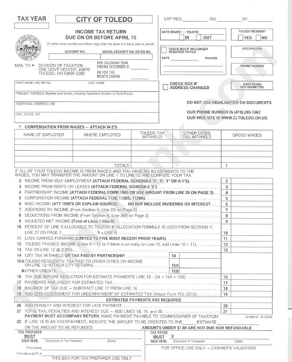Income Tax Return Form - Toledo - Ohio