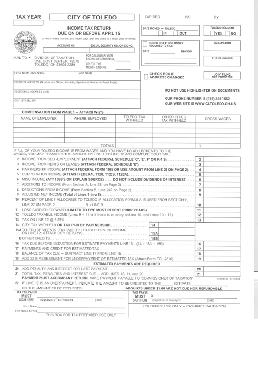 Income Tax Return Form - Toledo - Ohio Printable pdf