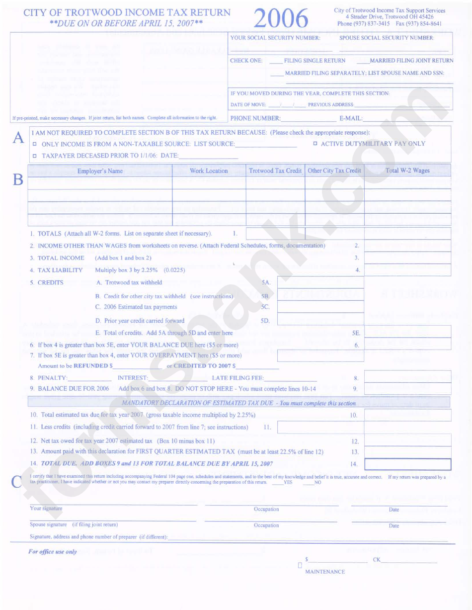 City Of Trotwood Income Tax Return Form - City Of Trotwood Income Tax Support Services - Ohio