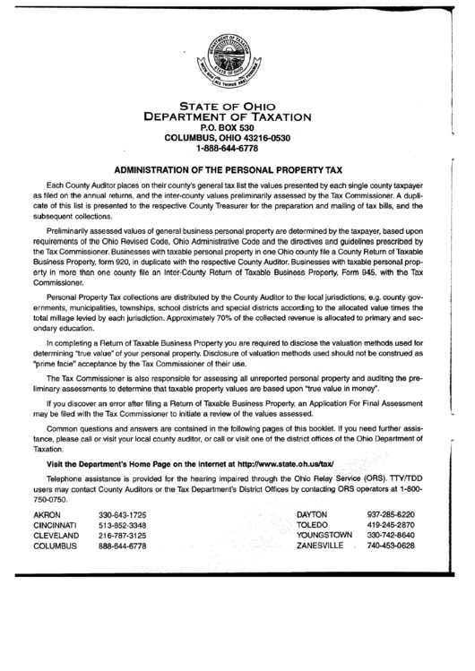 Form 920/921-Nt - Administration Of The Personal Property Tax 1999 ...