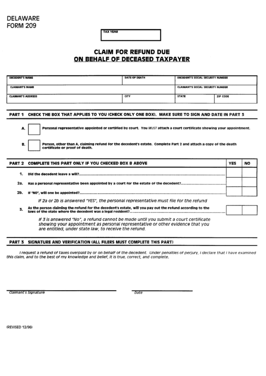 Fillable Form 209 - Claim For Refund Due On Behalf Of Deceased Taxpayer December 1996 Printable pdf