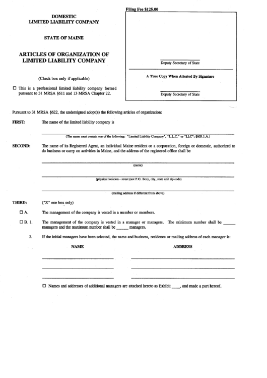 Form Mllc-6 - Articles Of Organization Of Limited Liability Company August 2000 Printable pdf
