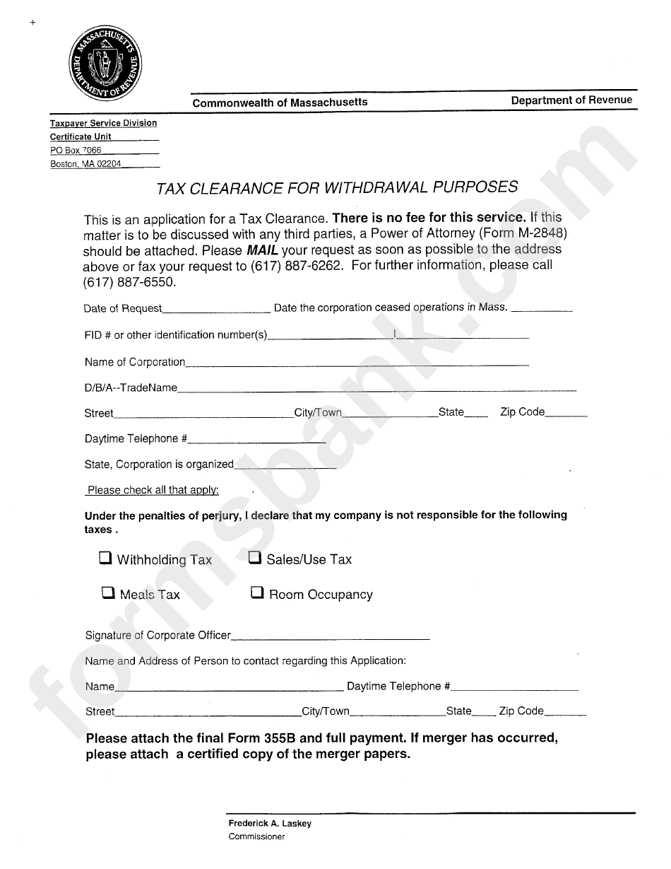 Tax Clearance For Withdrawal Purposes Form