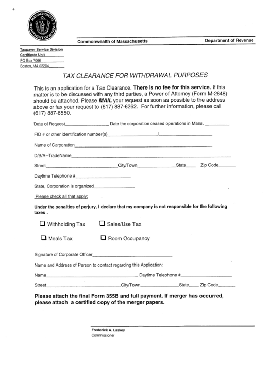 Tax Clearance For Withdrawal Purposes Form Printable pdf