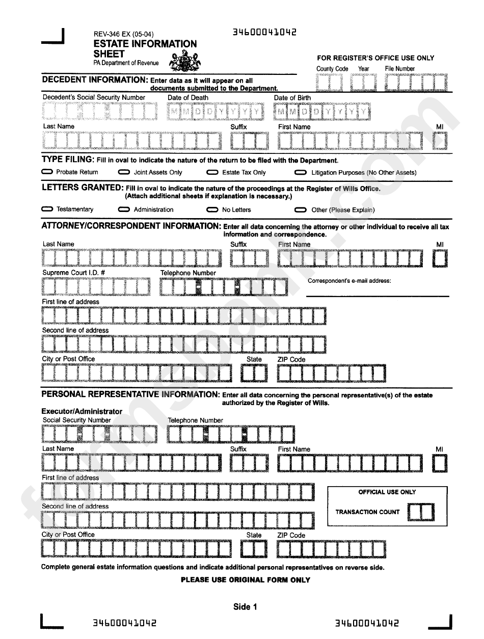 Form Rev-346 Ex - Estate Information Sheet May 2004