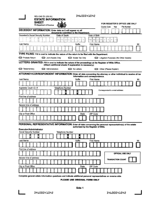 Form Rev-346 Ex - Estate Information Sheet May 2004 Printable pdf