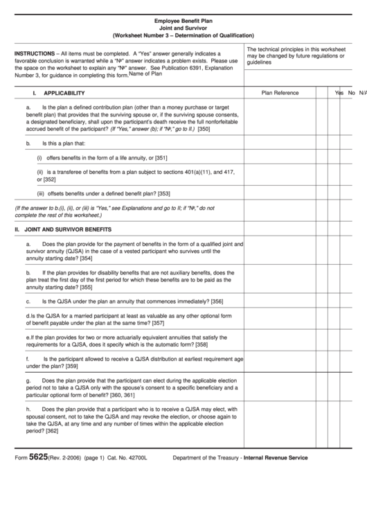 Fillable Form 5625 - Employee Benefit Plan Joint And Survivor Printable pdf